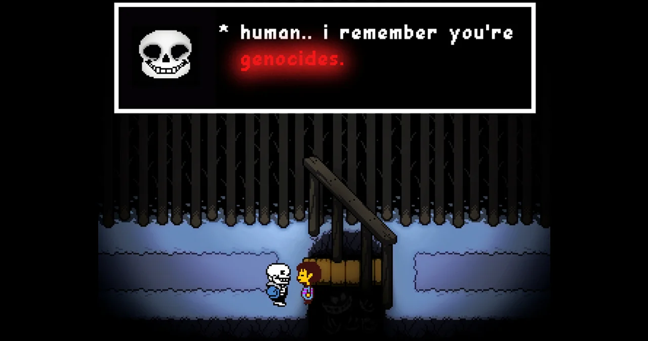 The original 'human.. i remember you're genocides.' image based on Sans' confrontation with Frisk in Undertale, which spawned the meme format.