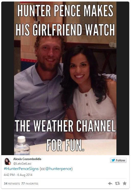 Sign applying meme to Hunter Pence's personal life and relationships.