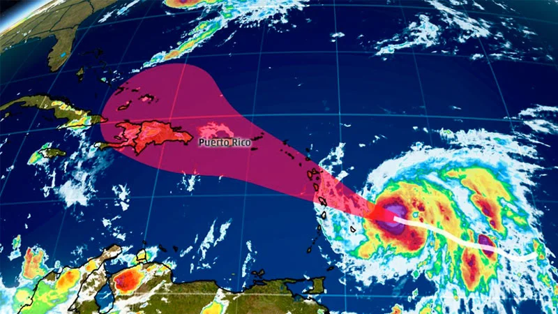 Satellite tracking map showing Hurricane Maria approaching Puerto Rico in September 2017.
