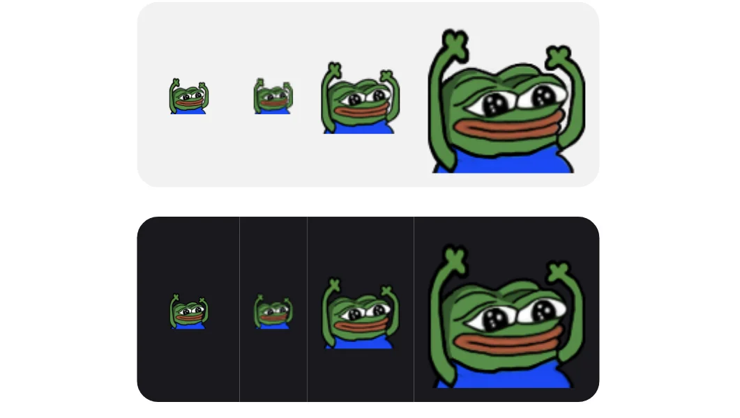 The HYPERS emote, a Pepe the Frog variant with raised arms popularized on Twitch and BTTV, shown at multiple display sizes.
