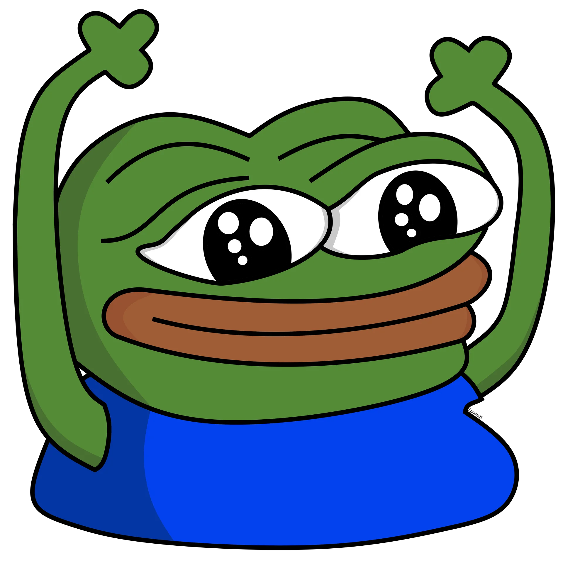 The classic HYPERS emote, depicting an excited Pepe with both arms raised, widely used on Twitch and BTTV to express hype.