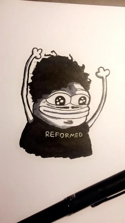 A fan-made ink illustration reinterpreting the HYPERS Pepe as a 'reformed' character, part of the emote's derivative art tradition.