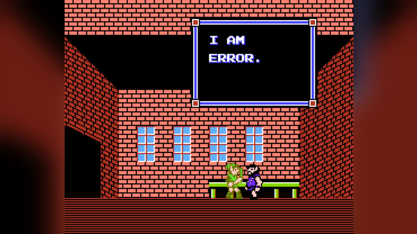The original 'I Am Error' scene from Zelda II: The Adventure of Link (1987), where Link encounters the character Error.
