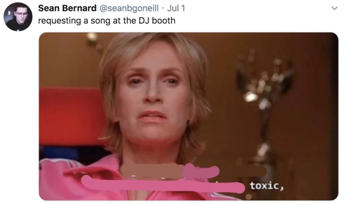 Creative redaction implying the requested song is Britney's 'Toxic'.
