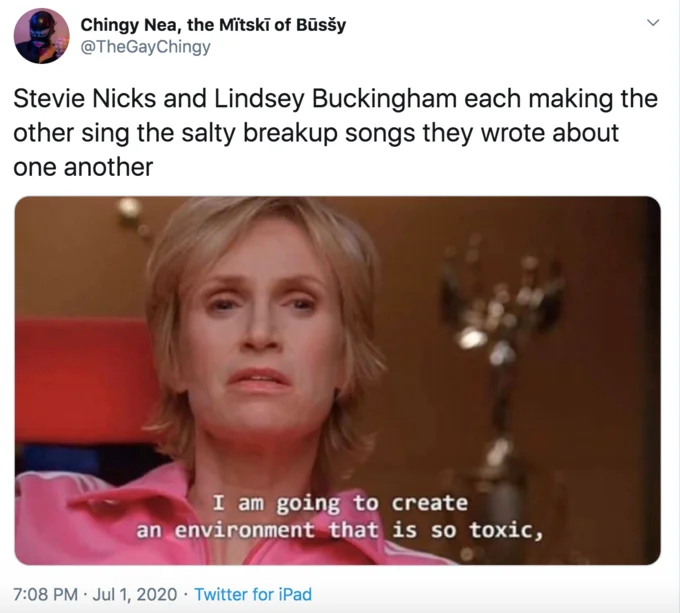 Meme referencing Fleetwood Mac internal conflict and toxic dynamics.