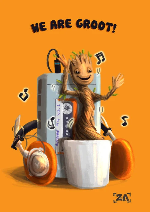Fan art depicting chibi versions of Rocket Raccoon and Groot stargazing together, celebrating their bond in the film.