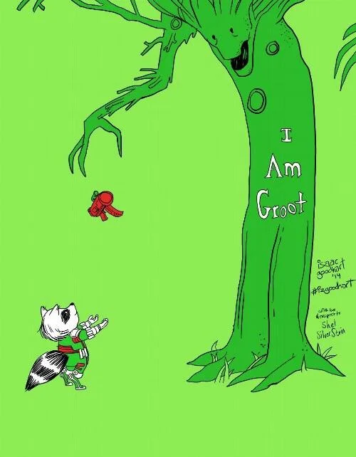 Fan art parody by Isaac Goodhart reimagining Groot and Rocket in the style of Shel Silverstein's 'The Giving Tree.'