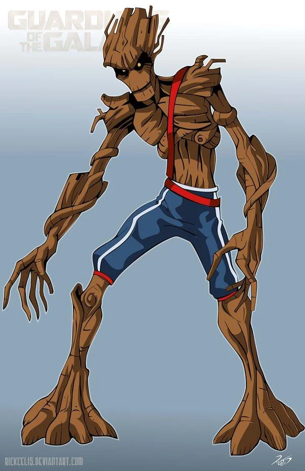 Fan art depicting Rocket Raccoon caring for a young potted Groot surrounded by luminous seed-spores.