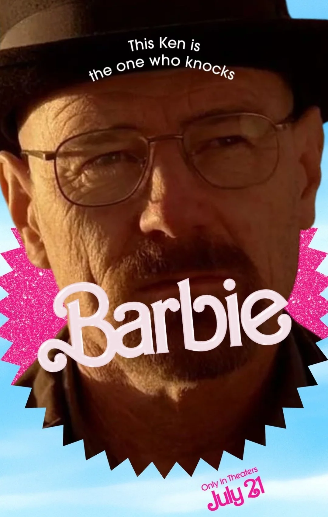 A Barbenheimer-era mashup poster casting Walter White as a Ken with the tagline 'This Ken is the one who knocks.'