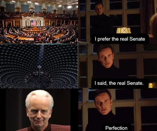 A relatable meme joking about becoming political after a few drinks, using the 'I am the Senate' punchline.