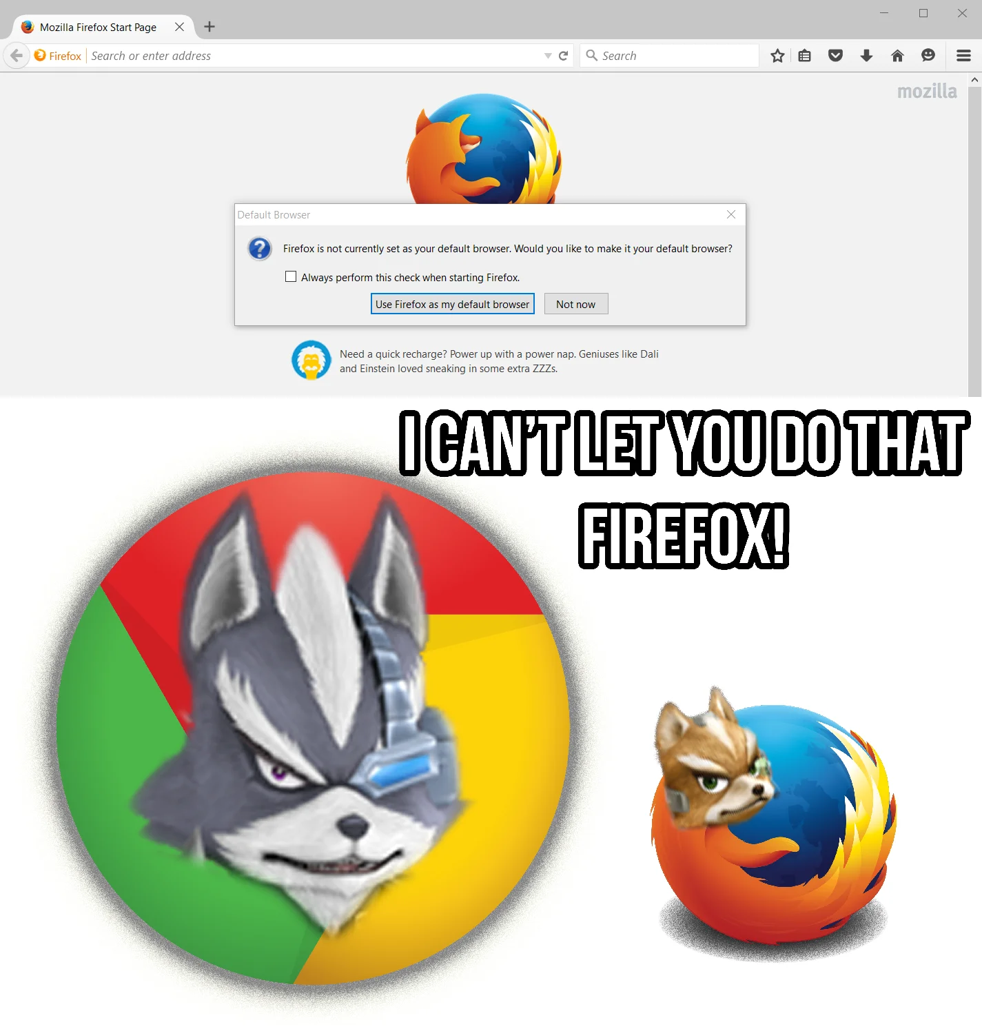 A browser-wars remix of the meme casts Google Chrome as Wolf O'Donnell blocking Firefox, personified by Fox McCloud.