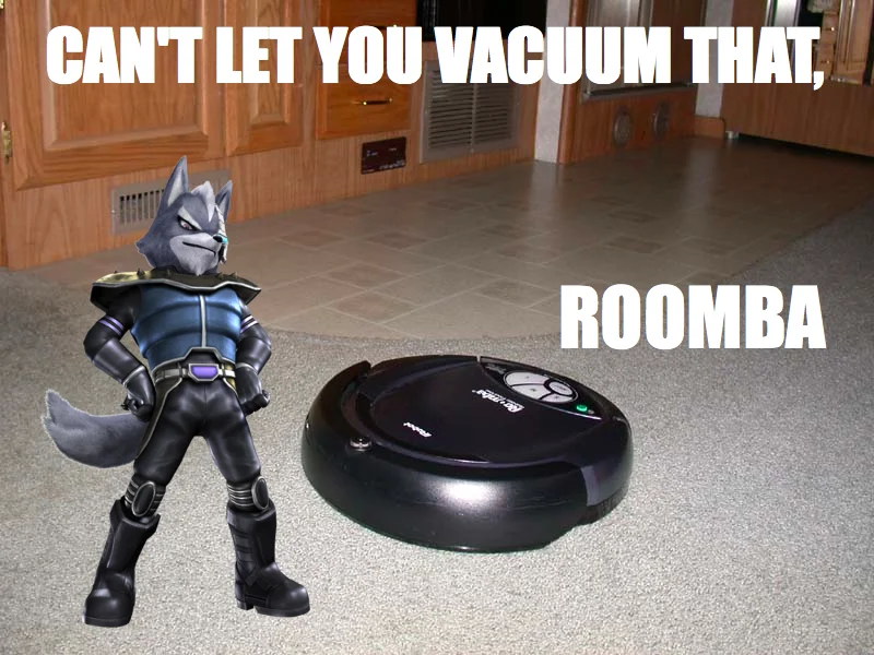 A domestic remix pits Wolf O'Donnell against a Roomba, swapping in a vacuum-themed version of the line.