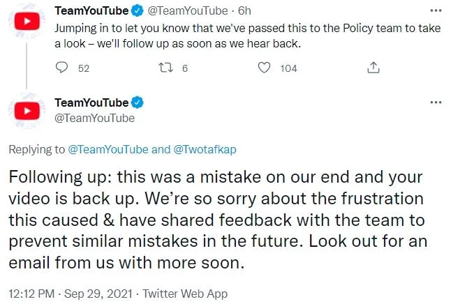 Paul Weedon posts YouTube support's dismissive 'have a great day' response about surviving re-uploads of his removed video.