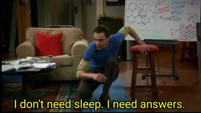 Sheldon surrounded by papers expressing the meme message.