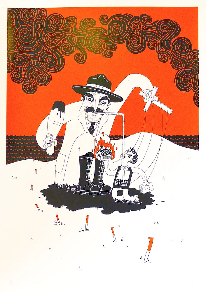 Artistic poster interpretation of the 'I drink your milkshake' scene, showing Plainview literally siphoning from another's land.