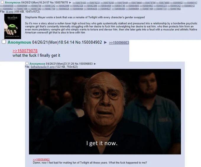 Reacting to Twilight fan fiction in forums.
