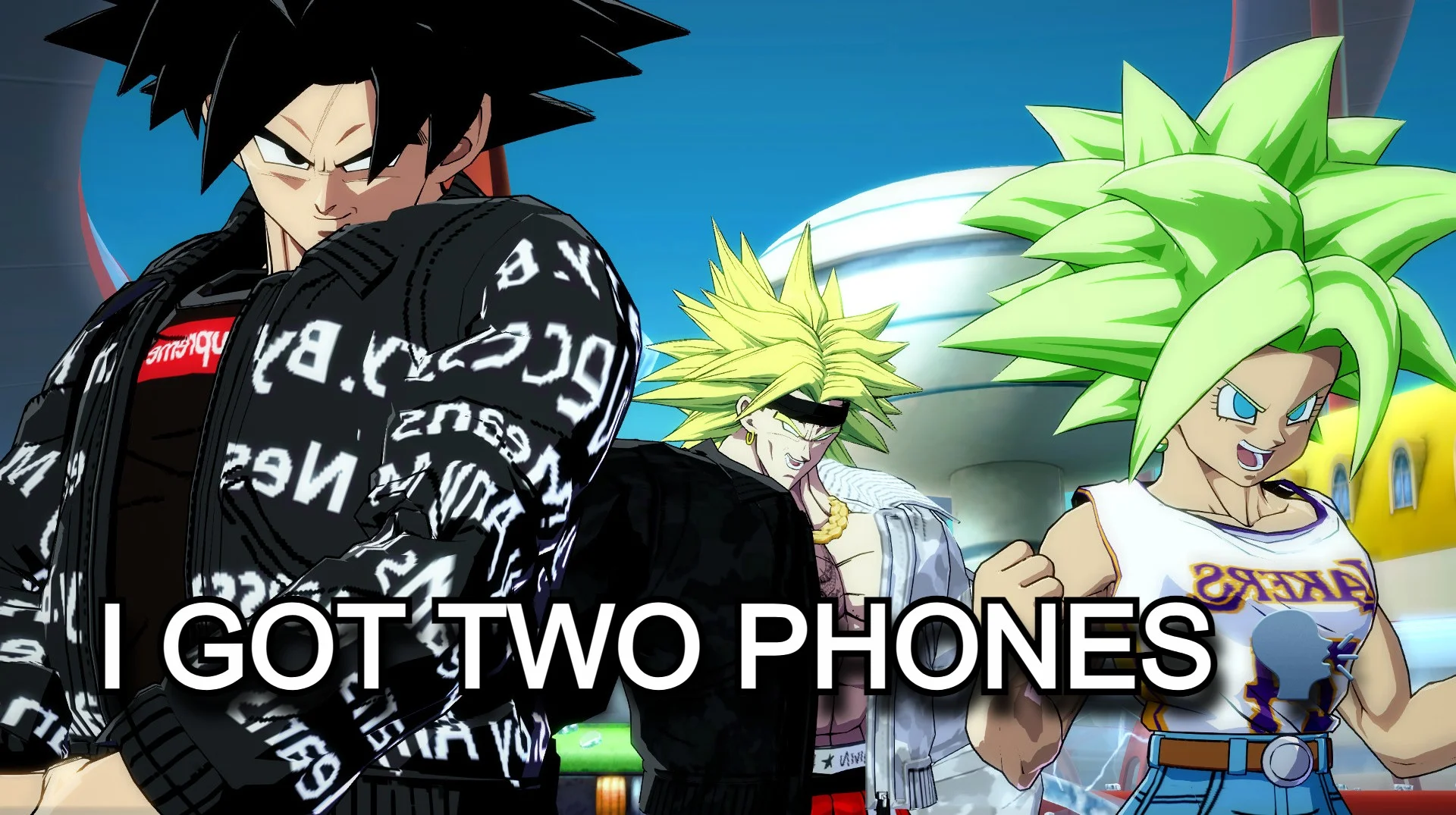 A popular meme edit combining Dragon Ball FighterZ characters with the 'I Got Two Phones' lyric from Kevin Gates.