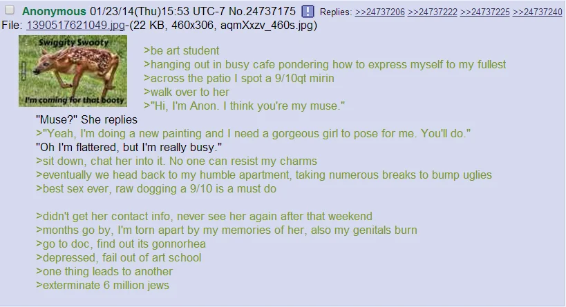 A 4chan greentext where the narrator vents about their 'shitty, noisy, crowded' casino job before a surreal Fallout: New Vegas twist.
