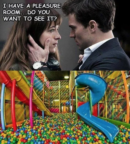 A childlike take on the meme where the pleasure room is revealed to be a giant ball pit playground.