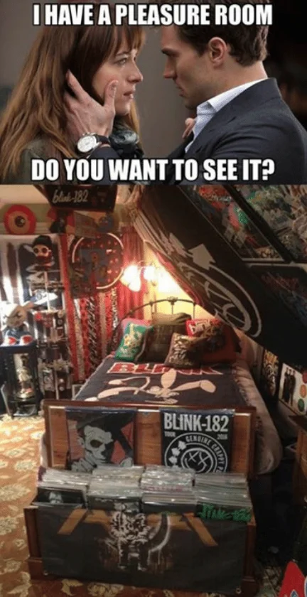 A music-fan's version of the meme, where the pleasure room is a full Blink-182 merchandise collection.