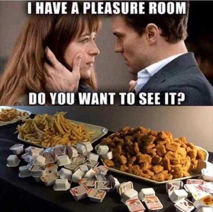 A fast-food fantasy version of the meme, presenting mountains of fries, nuggets, and burgers as the ultimate indulgence.