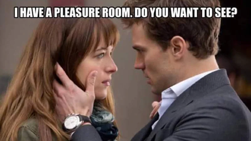 The original 'I Have a Pleasure Room' meme template, based on a scene from Fifty Shades of Grey.