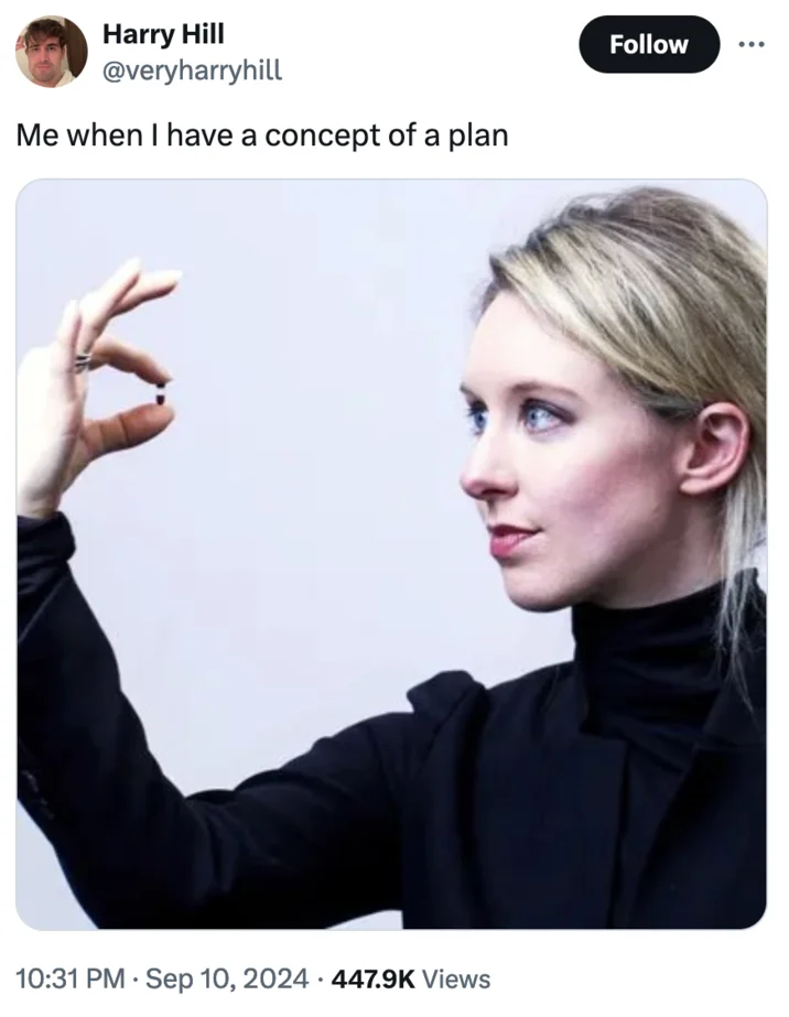 A viral tweet compares 'concepts of a plan' energy to Elizabeth Holmes and Theranos.