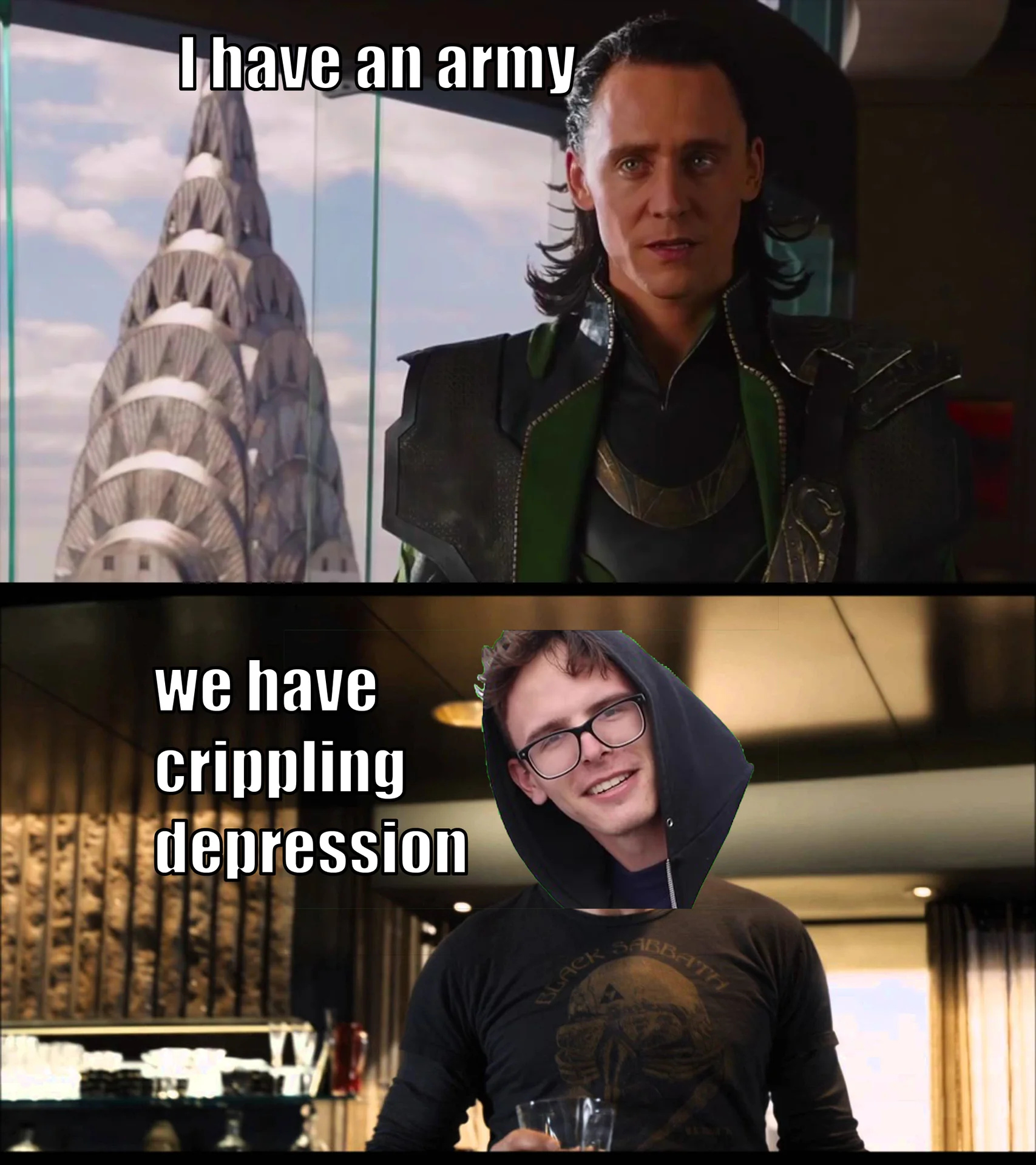 A mashup of the Loki-and-Stark Avengers scene with Filthy Frank swapped in for the punchline 'we have crippling depression.'