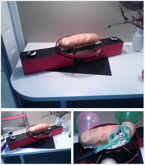 Physical bread and device prop recreation of the teleporting bread meme