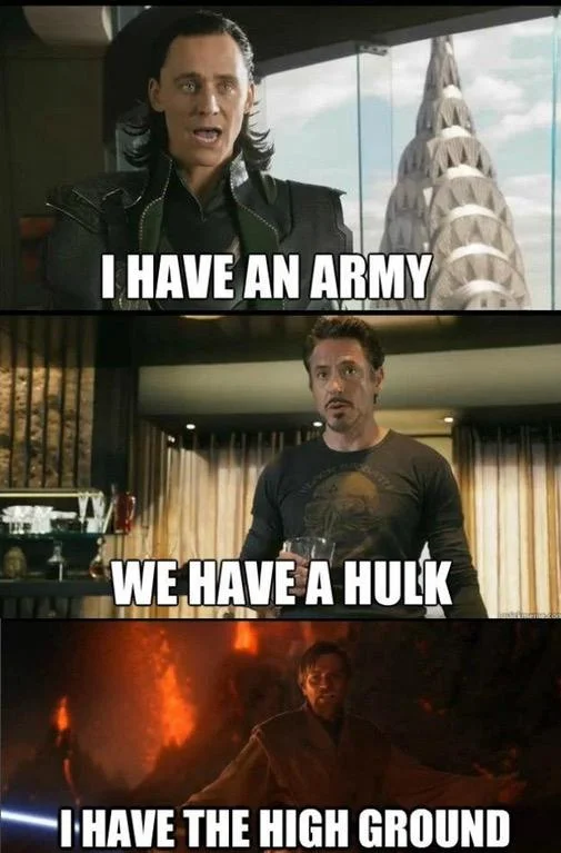 An Avengers-Star Wars crossover meme where Obi-Wan trumps Loki and Tony Stark by invoking the high ground.