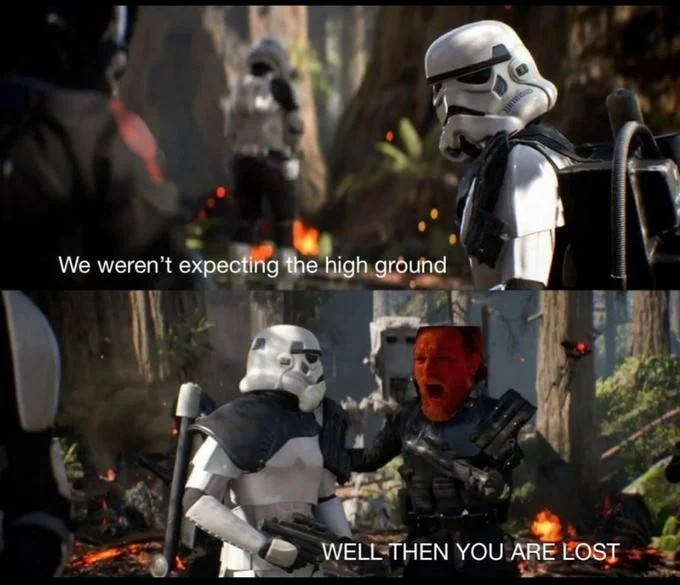 A Star Wars Battlefront-flavored meme edits Obi-Wan into a stormtrooper skirmish to deliver the high ground line.