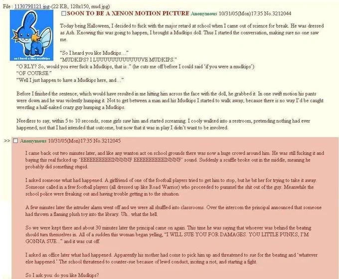An October 2005 4chan post credited with spreading the 'So I heard you like Mudkips' catchphrase across the wider internet.