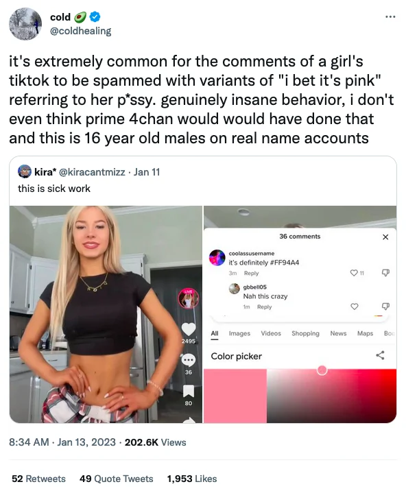 A widely shared tweet from @coldhealing calling out the pattern of teenage boys posting 'I bet it's pink' comments on girls' TikToks, quote-tweeting @kiracantmizz's viral example.