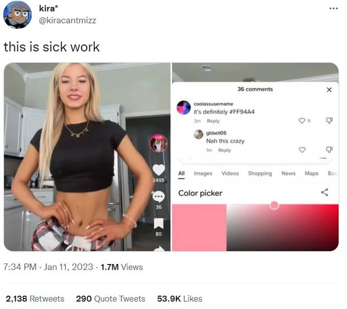 The original @kiracantmizz tweet from January 11, 2023 exposing TikTok users' pink hex-code comments, which racked up 1.7 million views and sparked wider outrage.