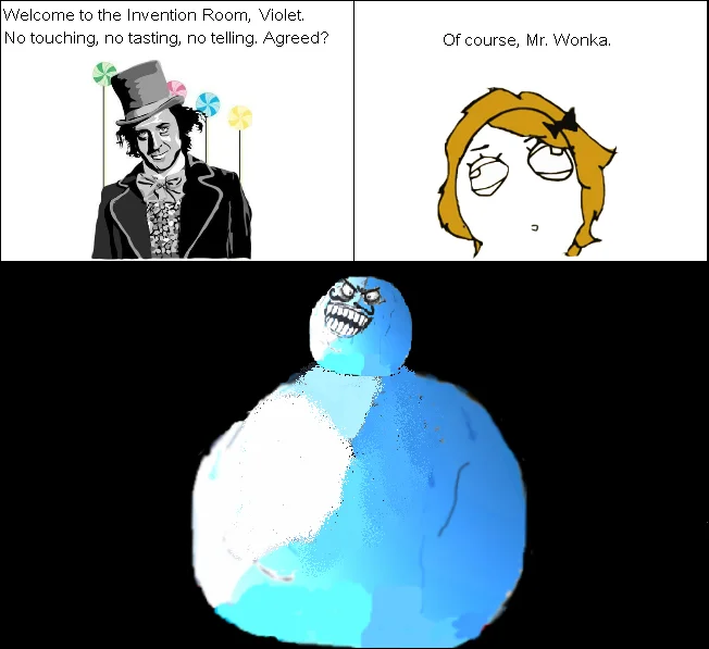 The 'I Lied' face crossed with Willy Wonka's blueberry gag, turning Violet into the smug blue character.