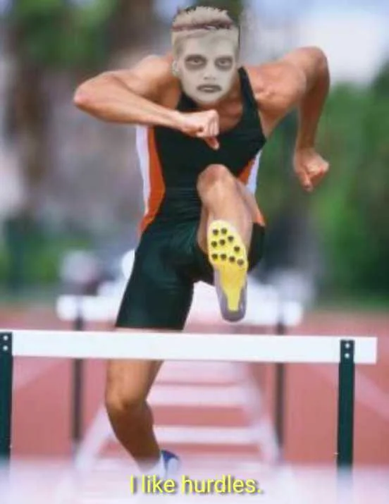 A remix of the meme swapping turtles for hurdles, with the zombie boy's face pasted onto a track athlete.