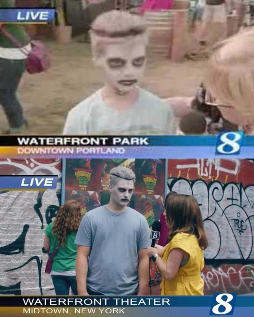 A then-and-now composite pairing the original 2007 broadcast with a modern homage featuring an adult version of the zombie boy.