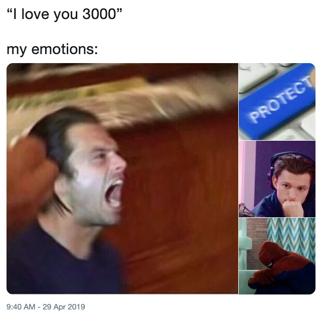 A fan tweet reacting to the 'I love you 3000' moment with a four-image collage capturing the mix of grief and protective feelings toward Tony Stark and Spider-Man.