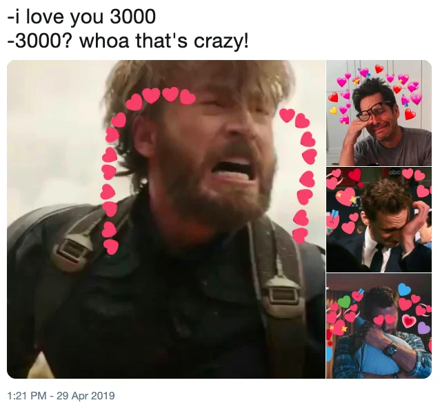 A tweet rattles off Endgame's most gut-wrenching lines — including 'I love you 3000' and Tony's final 'Cheeseburger' — over an image of a sobbing child that mirrors fan reactions.