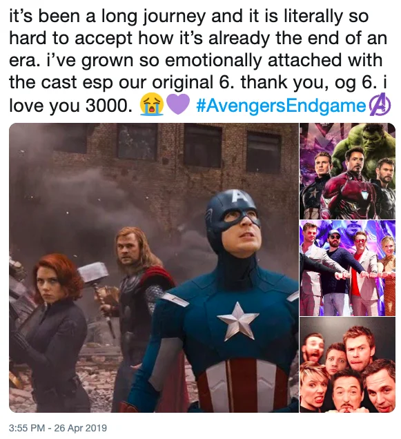 A fan tweet bids an emotional farewell to the original six Avengers and their actors, adapting the 'I love you 3000' line as a message of gratitude.