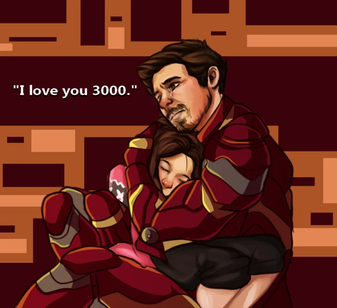 A piece of fan art depicting Tony Stark holding his daughter Morgan, both in Iron Man suits, illustrating the emotional weight of the 'I love you 3000' line.