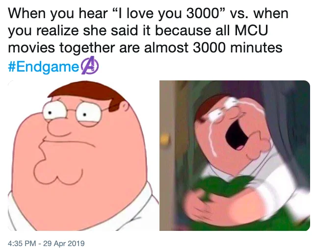 A fan tweet directly addresses Tony Stark with 'i love you 3000' alongside a montage celebrating Robert Downey Jr.'s smile throughout his time as Iron Man.