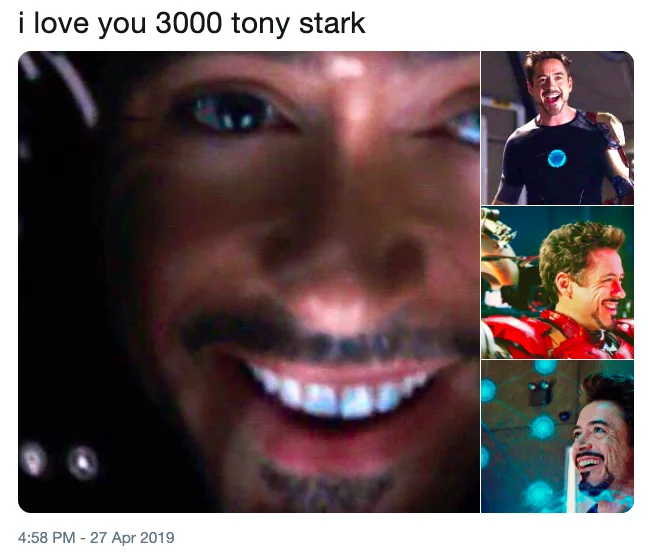 A joke tweet plays on the 'I love you 3000' line with a dismissive 'whoa that's crazy!' reply, paired with heavily edited heart-covered reaction images.
