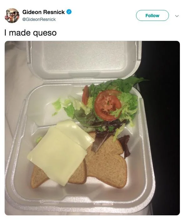 Gideon Resnick's parody 'I made queso' tweet swapping the crockpot sauce for a plain cheese sandwich.