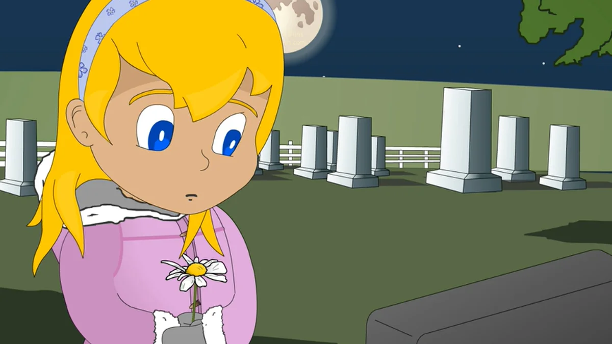 The animated scene from which the 'I miss you daddy, it's been a year daddy' meme originates, depicting a young girl visiting a grave at night.