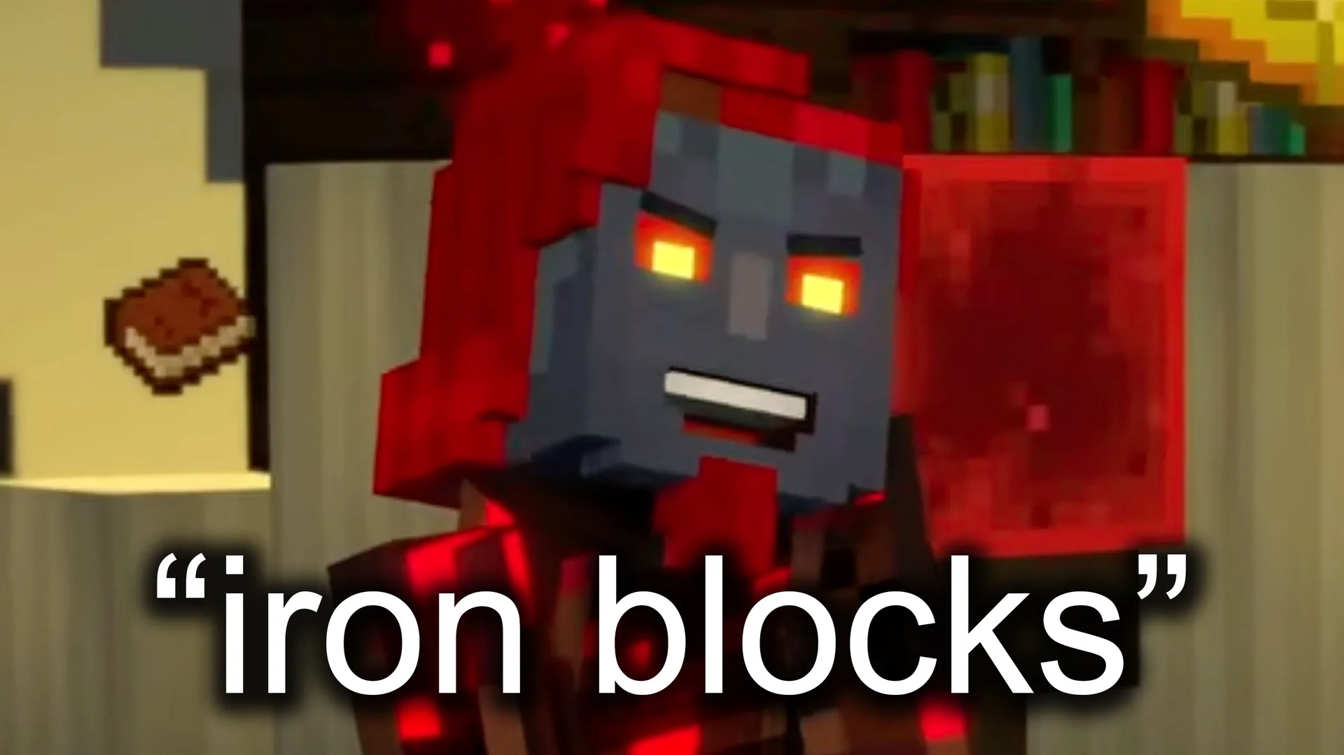 The image macro featuring Ivor from Minecraft: Story Mode paired with the now-iconic "iron blocks" caption that spawned the meme.