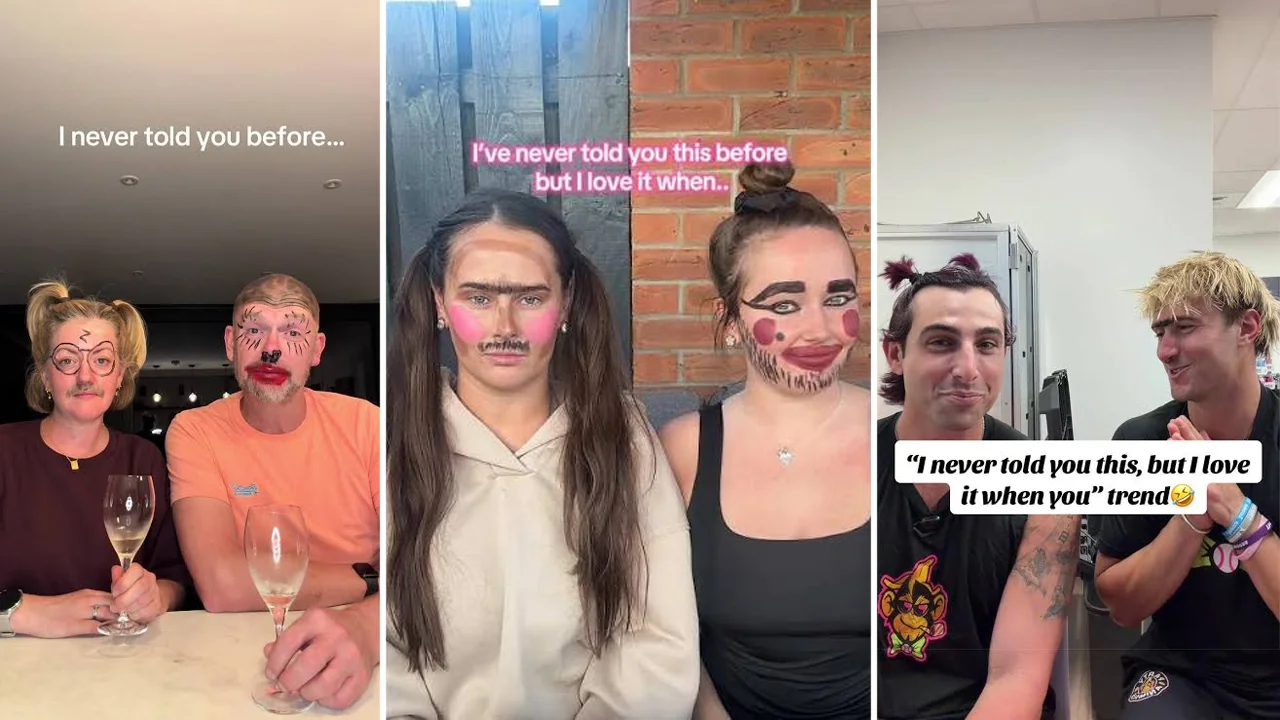 Compilation banner of couples taking part in the viral 'I Never Told You This Before' TikTok trend, in which partners draw playful makeup on each other's faces while sharing confessions.