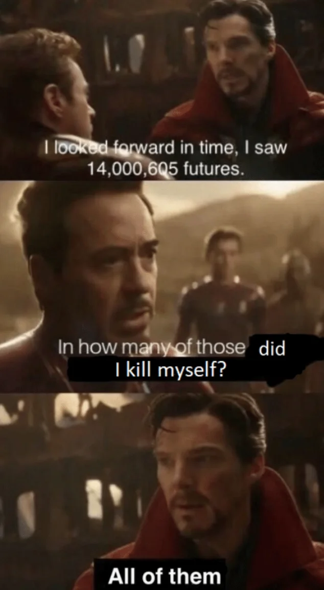 Dark-humor variant of the 14,000,605 futures meme; noted as an example of the format's edgier iterations.