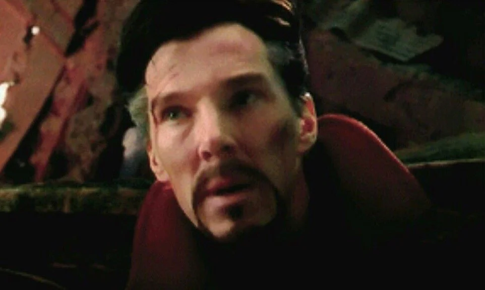 Still of Doctor Strange from Avengers: Infinity War, the source scene for the '14,000,605 futures' meme.