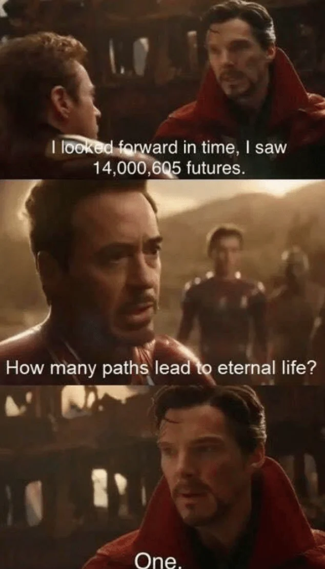 Religious variant of the meme, using the 14,000,605 futures template to make a Christian one-way-to-salvation joke.